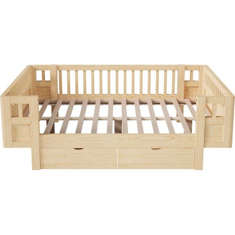 Cama plataforma 140 x 200 cm con barrera de seguridad alta y 2 grandes cajones de madera (1/5)