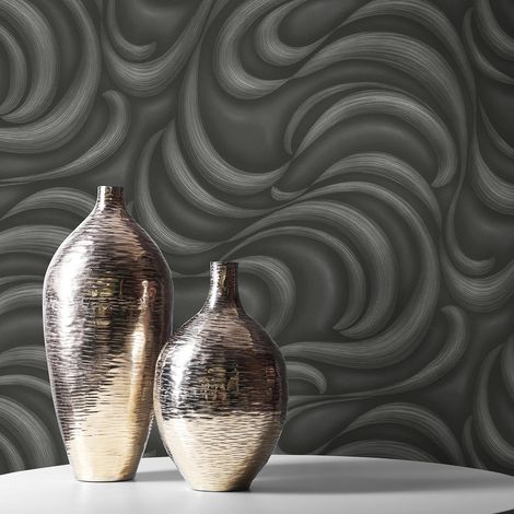 Papier peint anthracite abstrait pour entrée | Tapisserie tendance à motif géométrique noir | Papier peint graphique pour cuisine moderne (1/3)