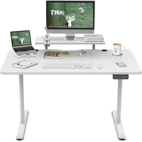 Bureau Assis Debout 140x60cm, Support Écran, Télétravail, Blanc (1/5)