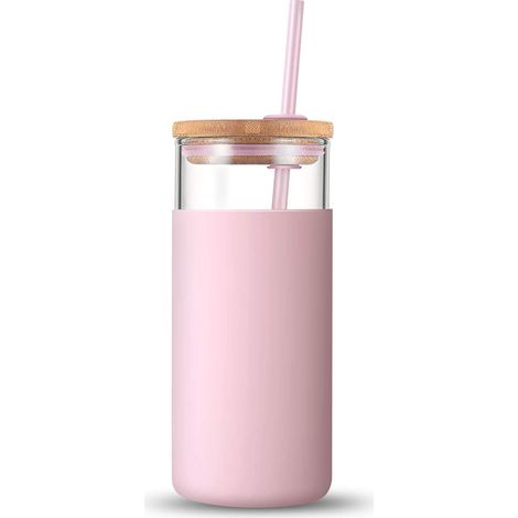 Verre à eau 550 ml avec couvercle en bois et paille en verre transparent, bouteille en verre réutilisable (1/5)