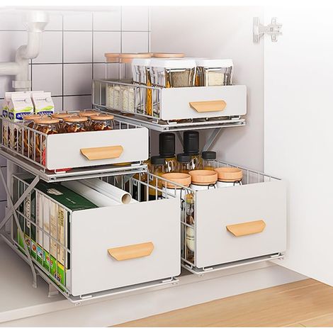 Rangement Sous évier à 2 Niveaux,Organiseur de Cuisine, Étagère sous Évier, Porte-épices,Panier Coulissant en métal,pour Salle Bain,Chambre (40  26 43 cm-blanc-2PC) 402643 Cm-blanc-2pc -'402643 Cm-bla