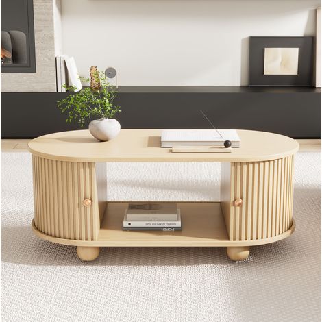 Tavolino da salotto in MDF color legno, ovale con ante scorrevoli e vano contenitore, 100 x 50 x 40 cm (1/5)