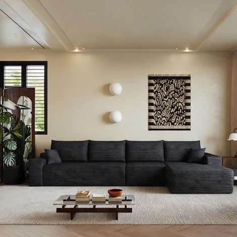 Canapé d'angle modulaire 5 places en tissu côtelé noir 340 cm (1/5)