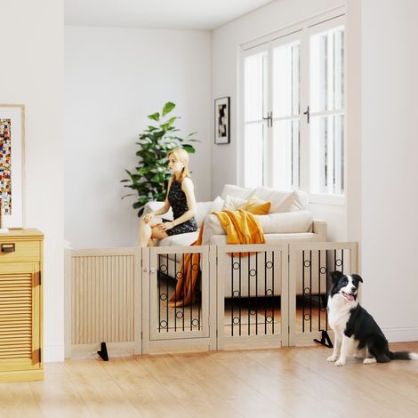 Cancello per animali domestici autoportante, cancelletto per cani con porta, 4 pannelli, per corridoio, scale, telaio porta, MDF, acciaio