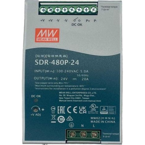 MW MEAN WELL SDR-480P-24 Alimentatore DIN RAIL 480W 24V 20A Per Automazione Industriale Input 220V 110