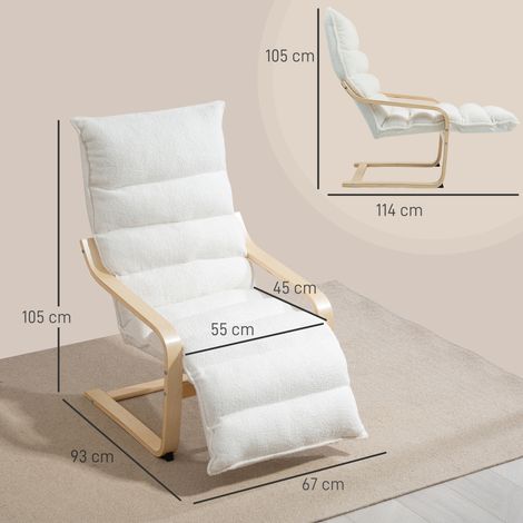 Fauteuil lounge en bois de bouleau, rembourré, repose-pieds réglable, blanc (1/5)