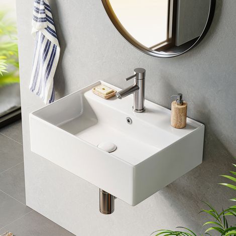 HOROW 45cm Lavabo de cerámica, Blanco, lavabo de cortesía, lavabo de pared o sobre encimera con orificio para grifería y rebosadero, 45 x 31 x 13,5 cm