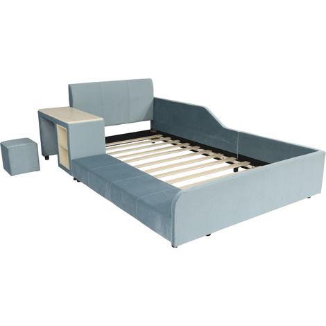 Lit enfant rembourré 90x200 cm avec bureau et tabouret en velours bleu (1/5)