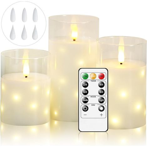 Bougies LED Sans Flamme en Verre avec Guirlande Étoilée Intégrée, à Piles, avec Télécommande et Minuterie, Idéal pour Mariage, Décoration Maison - Lot de 3 (1/5)