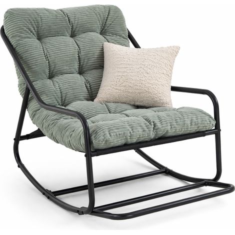 Silla Mecedora de Jardín Ajustable con Cojín Grueso y Reposapiés Estructura de Acero Verde Claro 75 × 116 × 82 cm