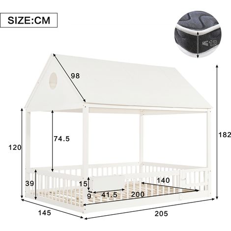 Lit simple enfant avec détails de fenêtres et toit élégants, stores décoratifs blancs et petit rangement, pin + MDF + contreplaqué, blanc, 140x200 cm (1/5)