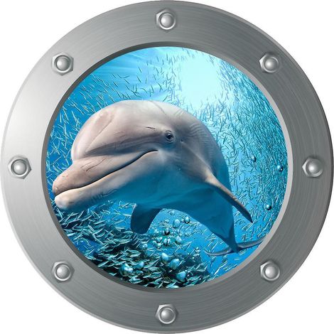 sticker Mural 3d Submarine Porthole - Dolphin (diamtre : 29cm), Dcoration Murale, Chambre D'enfant, Chambre De Bb, Salle De Bain (1/4)