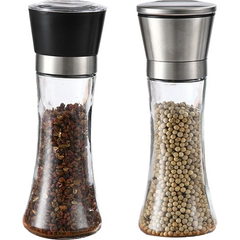 Moulin à Sel et Moulin à Poivre - Ensemble de 2 - Corps en Acier Inoxydable Brossé + Bocal en Verre Sans BPA - Mécanisme en Céramique Réglable - Usage Cuisine - Lot de 2 (1/5)