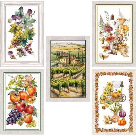 Serviettes de cuisine en coton : 5 pièces 50x70 cm - Motifs d'automne - avec boutonnière - Fruits, vignes et nature