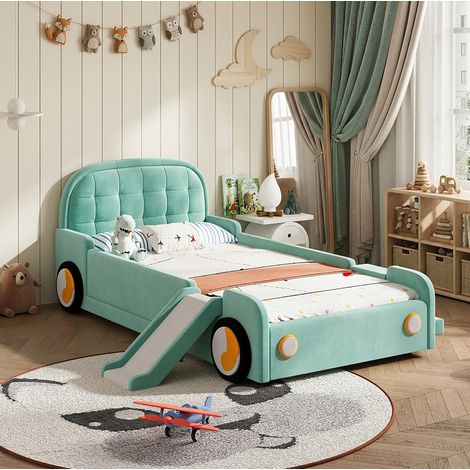 Lit enfant voiture 90x200 cm en velours bleu-vert, avec toboggan pour chambre, FloraGrace (1/5)