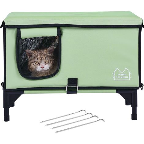 Maison chauffante pour chat, forme cubique, température réglable et minuterie, tissu Oxford 900D pliable, coussin chauffant inclus, idéale pour l'hiver, couleur verte, taille L. (1/5)