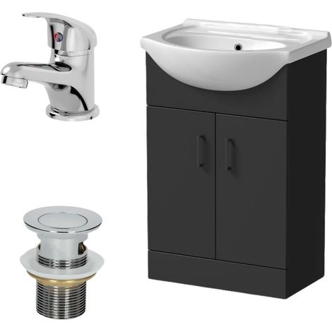 560mm Matt Black Bathroom Vanity Unit Freestanding Essentials Tap & Waste Set (1/5)