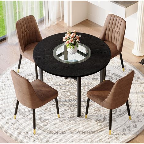 Set tavolo da pranzo rotondo 100 cm in MDF nero, 4 sedie, ripiano in vetro – MEUBLIV (1/5)