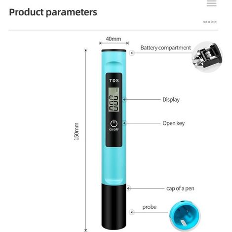 Handliches TDS-Messgerät ein hochpräzises Wasserqualitätsmessgerät mit LCD-Bildschirm Ein-Knopf-TDS-Testsonde geeignet für Leitungswasser und blau (1/5)