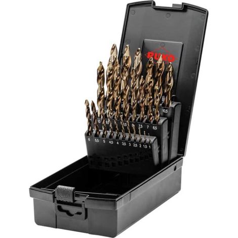 RUKO Juego de brocas espirales HSSE-Co 5 DIN 338 ULTIMATECUT FLOWSTEP 25 piezas Ø 1 - 13 mm en caja de plástico - 259215ERO (1/3)
