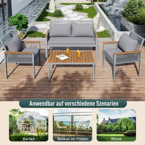 Salon de jardin avec coussins confortables : canapé 2 places, 2 fauteuils, table, extérieur, rotin, gris (ancien SKU : WF316057AAE)