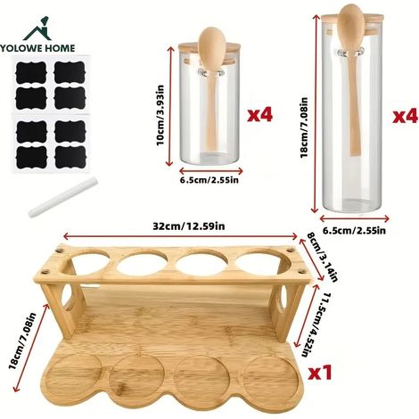 Ensemble de 8 bocaux de rangement en verre, comprenant 1 support de rangement et des bocaux en verre avec couvercles en bambou. (1/5)