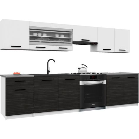 Belini ITALIA 4 Küche Ausgestattet Modular Komplett - 260 cm. Ober- und Unterschränke mit Arbeitsplatte, Weiß Matt/Ebenholz (1/5)