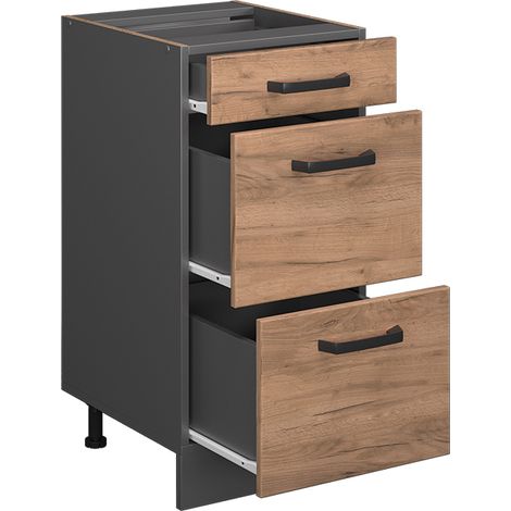 Mobiletto base per cucina R-Line, Quercia dorata, 40 cm con cassetti, senza piano di lavoro, Vicco