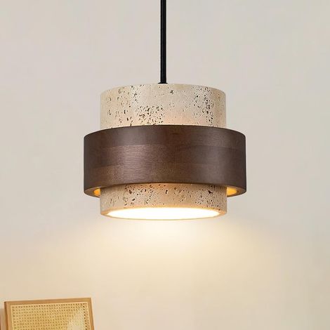 1 Suspension Pierre Naturelle, Travertin Jaune, Ampoule E27, Style Wabi-Sabi, Cuisine Salon