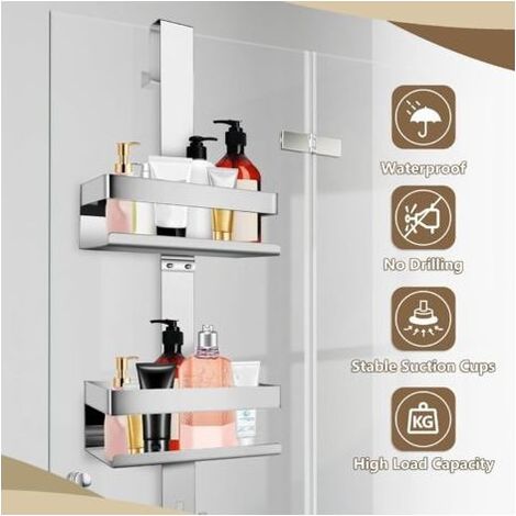 Étagère de douche à suspendre, avec crochets, réglable, sans perçage, 2 pièces, pour porte en verre sans cadre, argentée