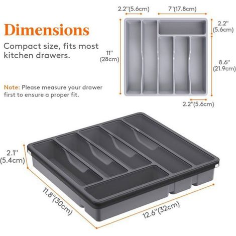 Boîte de rangement pour couverts avec couvercle, plateau à couverts, pour tiroir et plan de travail, 6 compartiments, grise (1/4)
