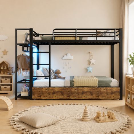 Metall-Hochbett Schwarz 90 x 200 cm mit 2 Schubladen, Regalen, LED-Leiste und Kleiderstange (1/5)