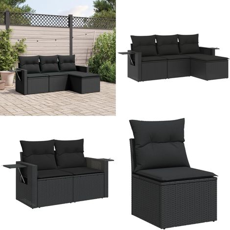 4-tlg. Garten-Sofagarnitur mit Kissen Schwarz Poly Rattan - Gartengestell - Gartenmöbelset - PE-Rattan Möbel - Outdoor Lounge Set - Gartenlounge - Home & Living (1/5)
