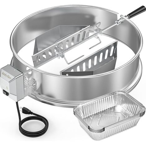 Tourne Broche Barbecue en Acier Inoxydable, Rôtissoires Kit pour Weber Barbecue à Charbon Kettle 57 cm, avec Paniers à Charbon et 10pcs Plat Aluminium Jetable
