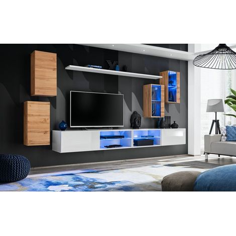 Ensemble meuble TV mural Switch XXV - L 280 x P 40 x H 140 cm - Blanc et marron - Livraison gratuite
