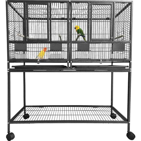 Cage à Oiseaux 43 Pouces, Roulettes, Grande Volière en Fer Forgé Pour Perroquets, Perruches, Avec Bac Coulissant, Perchoirs, Bois (1/5)