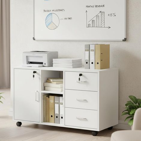 H.J WeDoo Armoire de bureau à roulettes avec roulettes, armoire de classement mobile verrouillable avec 3 tiroirs, espace de rangement fermé et ouvert, armoire sous bureau, pour lettres A4, classeurs (1/5)