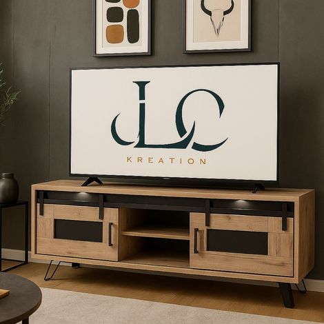 Meuble TV industriel décor chêne + LED 2 portes 180cm COSTA (1/5)