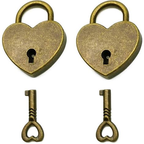 Lot de 2 mini cadenas anciens (45x59x8mm) style rétro avec clé, cadenas bronze antique en forme de cœur (1/5)