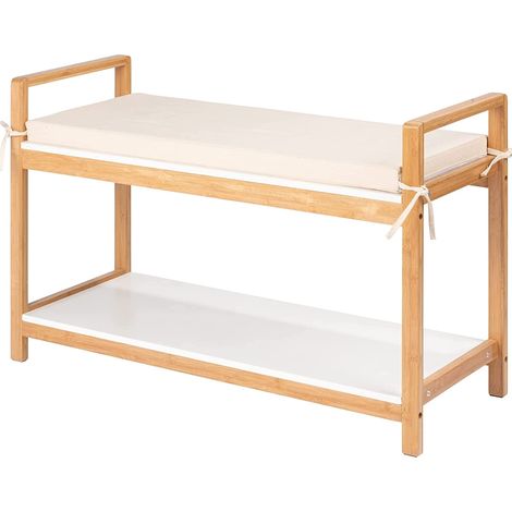 Panca/scarpiera Finja con seduta imbottita, in stile chic scandinavo, scaffale per scarpe con seduta, scarpiera e panca in pregiato bambù ecosostenibile abbinato a MDF, 90 x 55 x 34cm, bianco/naturale (1/5)