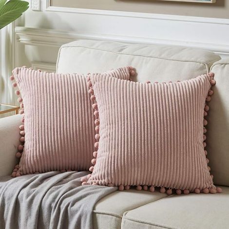 Lot de 2 taies d'oreiller pour canapé 45x45cm, housse de coussin élégante avec pompon, coussin décoratif pour lit double, rose (sans rembourrage) (1/4)