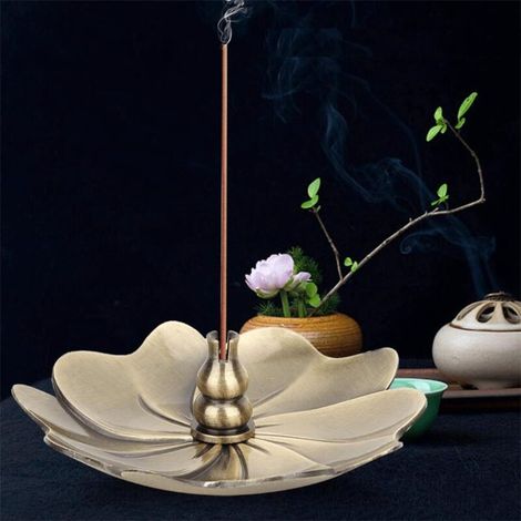 Porte-Encens en Cuivre, Support Élégant pour Bâtons et Bobines d'Encens avec Plateau Receveur de Cendres, Design Feuille de Lotus pour Yoga, Thé et Aromathérapie