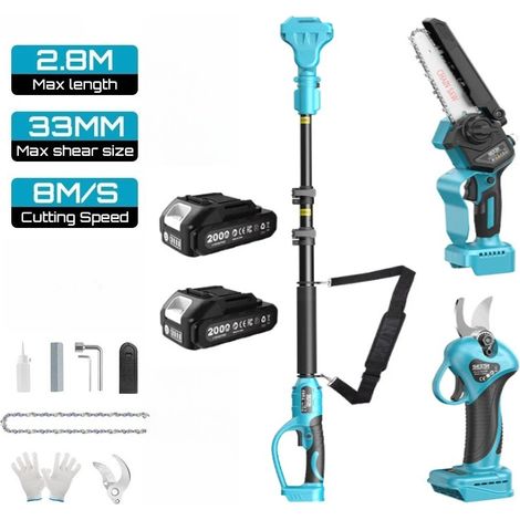 3-in-1 Brushless Telescopico Palo Forbici a Ramo Alto Motosega Elettrica Strumenti di Potatura da Giardino Per Makita 18V Batteria Spille, Con 2 batterie da 2,0 Ah