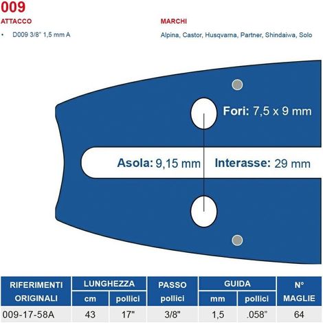 Barra motosega 43 cm - 17" passo 3/8", spessore 1.5 mm - .058" attacco 009, 64 maglie 452737