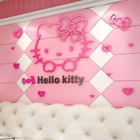 Sticker mural 3D en acrylique représentant une adorable tête de chaton rose de dessin animé, idéal pour une chambre d'enfant ou une table de chevet. Taille moyenne. Inscription : Chat Rose, rouge et n (1/5)