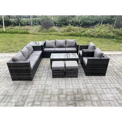 Fimous Outdoor Rattan Garden Furniture Lounge Sofa Set With Oblong Rectagular Coffee Table 2 PC Arm Chair Side Coffee Table 2 Stools (1/5)