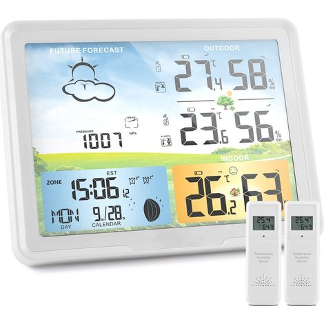 Station Météo Sans Fil , Thermomètre Intérieur Extérieur Sans Fil , 2 capteurs extérieurs , Horloge radio Réveil intérieur et extérieur Température et humidité de l'air Station météo sans fil avec écr (1/5)