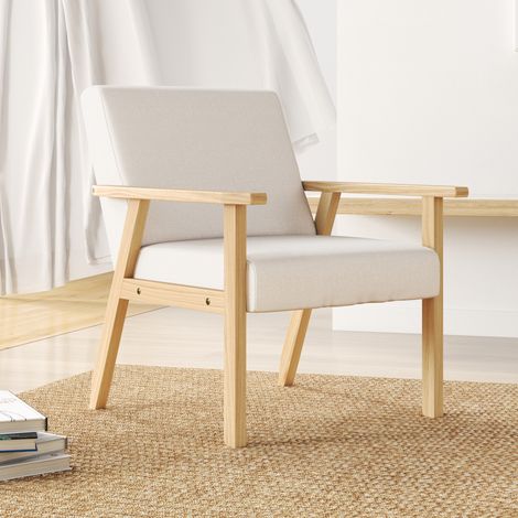Poltrona relax 64x70x72 cm bianco crema in tessuto effetto lino con braccioli e struttura in legno (1/5)