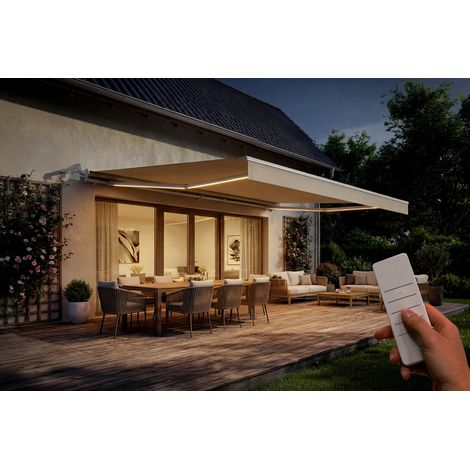 Toldo motorizado LED FAZZIO semicofre blanco 5x3m con tejido beige