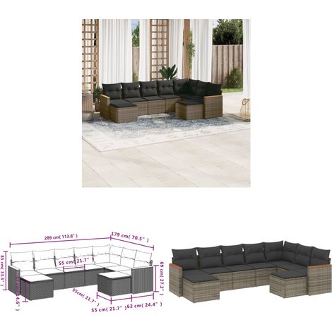 9-tlg. Garten-Sofagarnitur mit Kissen Grau Poly Rattan - Gartenmöbel - Sofagarnitur - Rattan Möbel - Outdoor Möbel - Lounge Set - Home & Living (1/3)